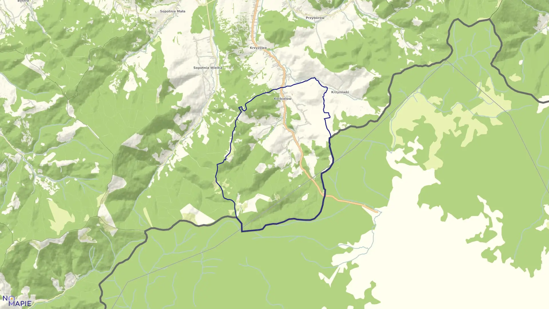 Mapa obrębu Korbielów w gminie Jeleśnia