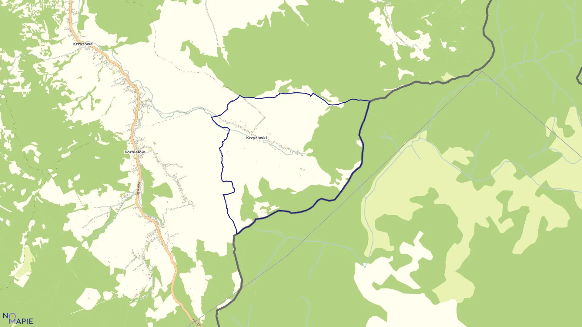 Mapa obrębu Krzyżówki w gminie Jeleśnia