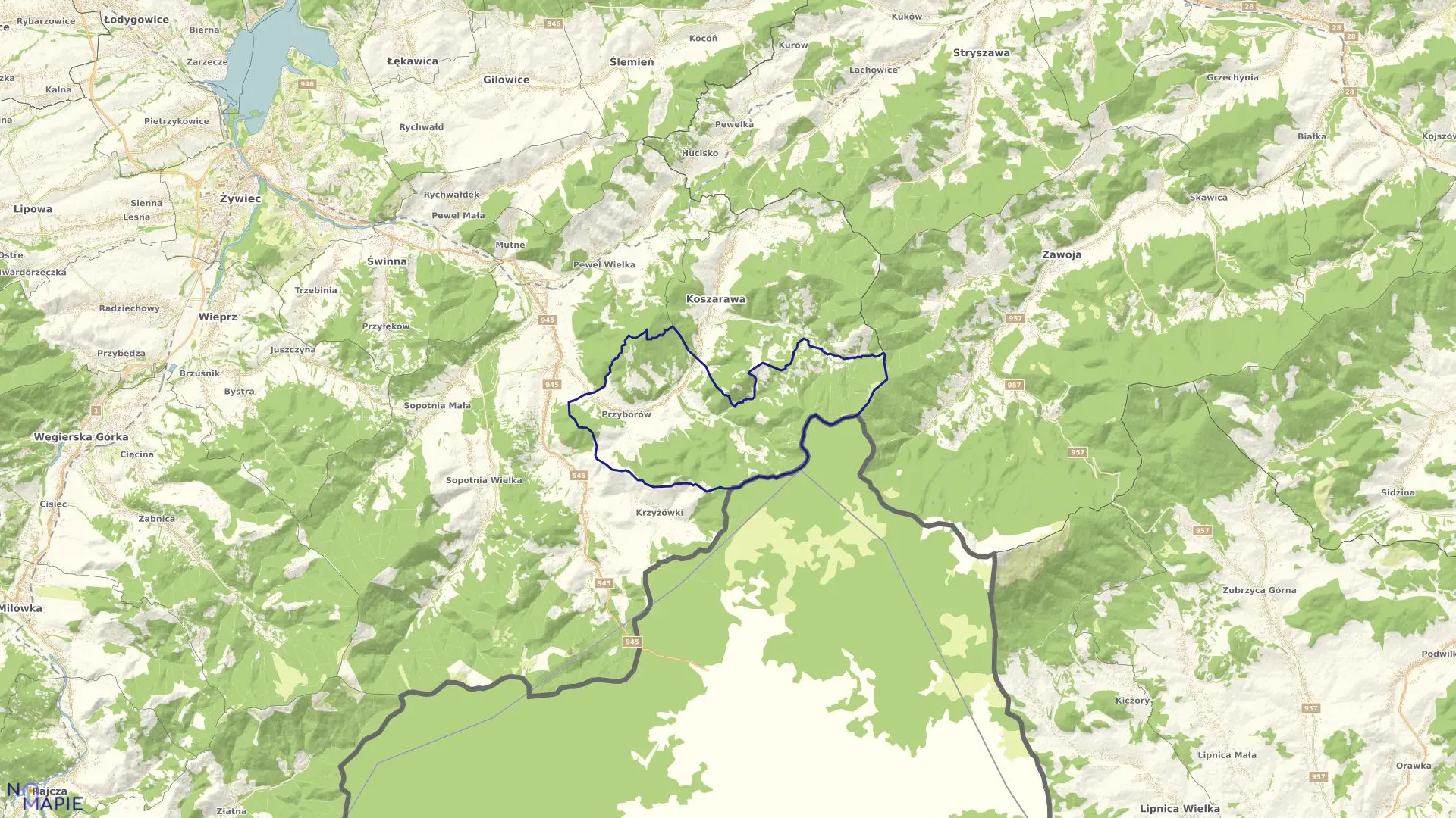 Mapa obrębu Przyborów w gminie Jeleśnia