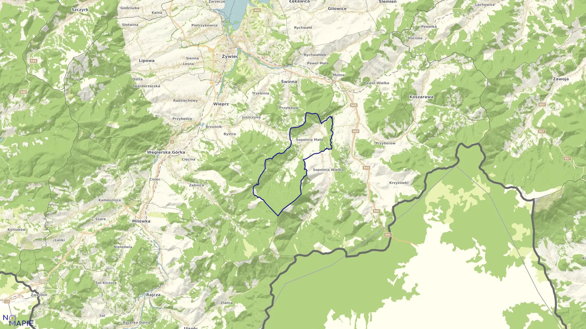 Mapa obrębu Sopotnia Mała w gminie Jeleśnia