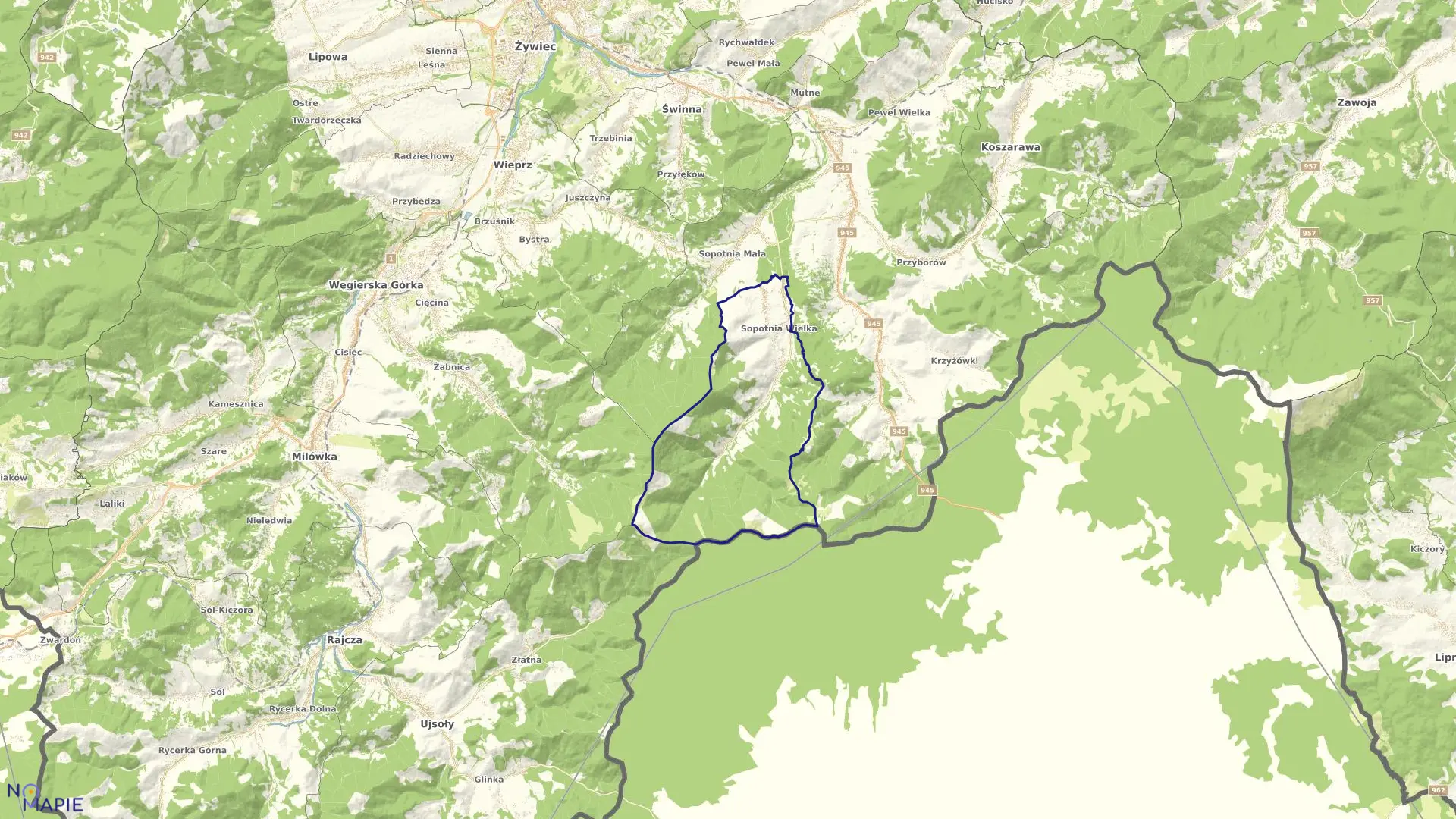 Mapa obrębu Sopotnia Wielka w gminie Jeleśnia